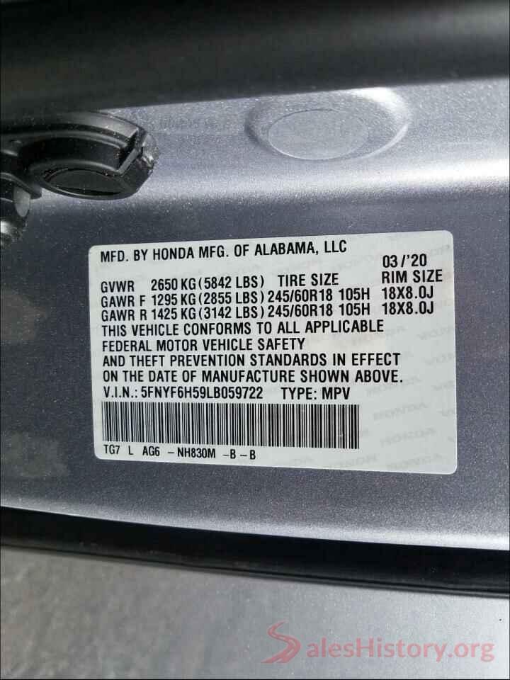 5FNYF6H59LB059722 2020 HONDA PILOT