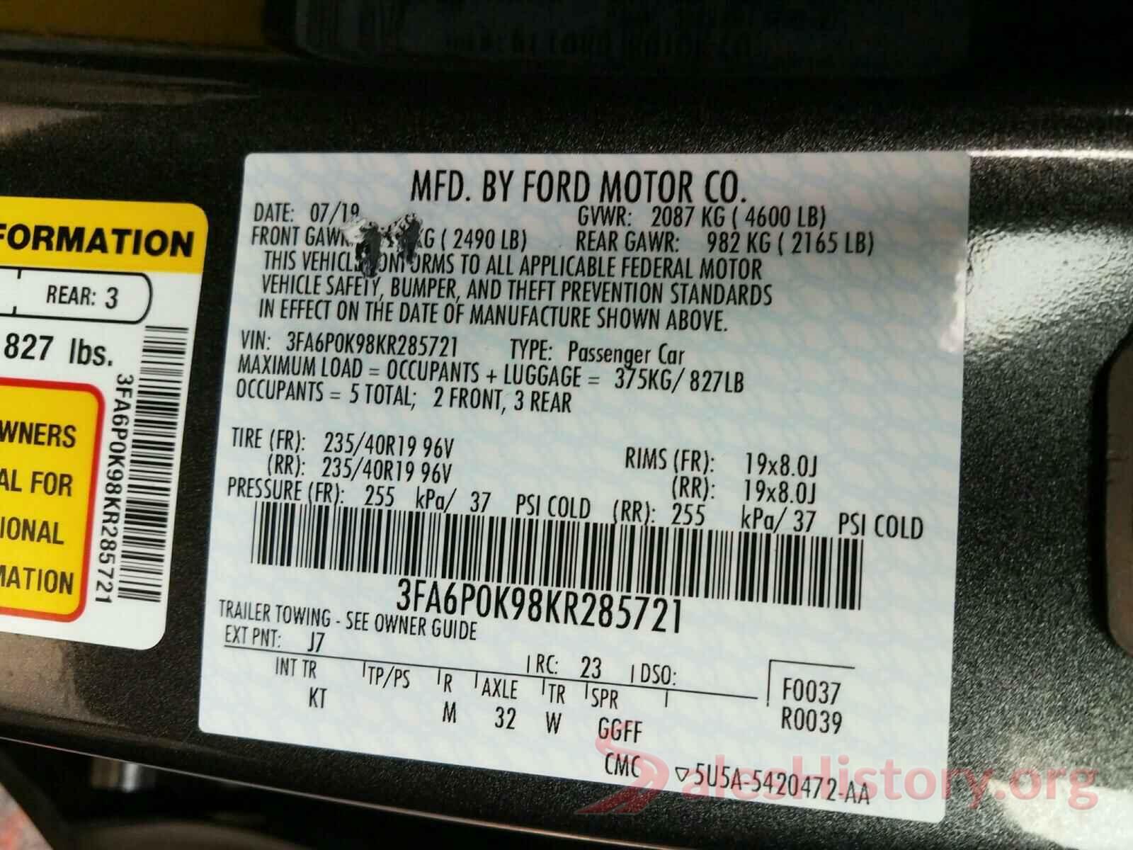 3FA6P0K98KR285721 2019 FORD FUSION