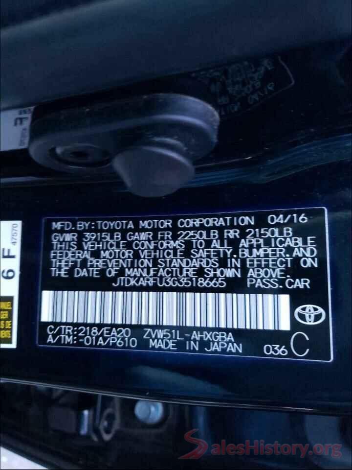 JTDKARFU3G3518665 2016 TOYOTA PRIUS