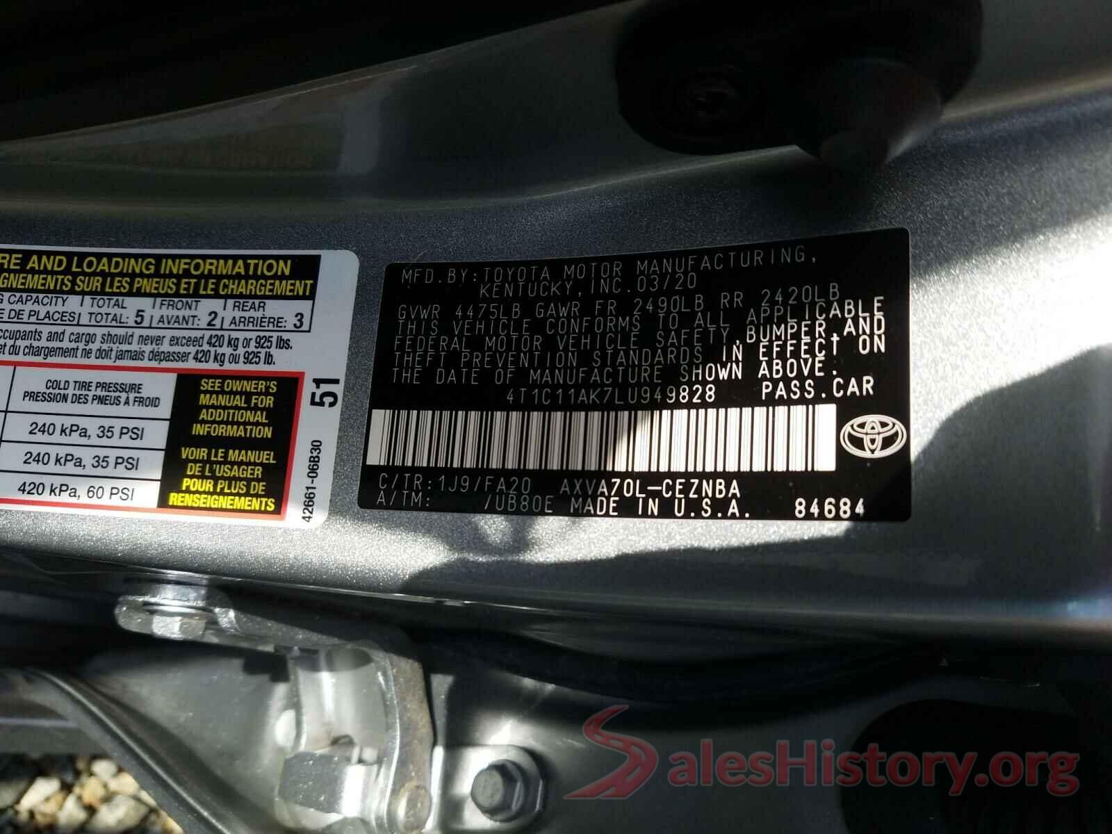 4T1C11AK7LU949828 2020 TOYOTA CAMRY