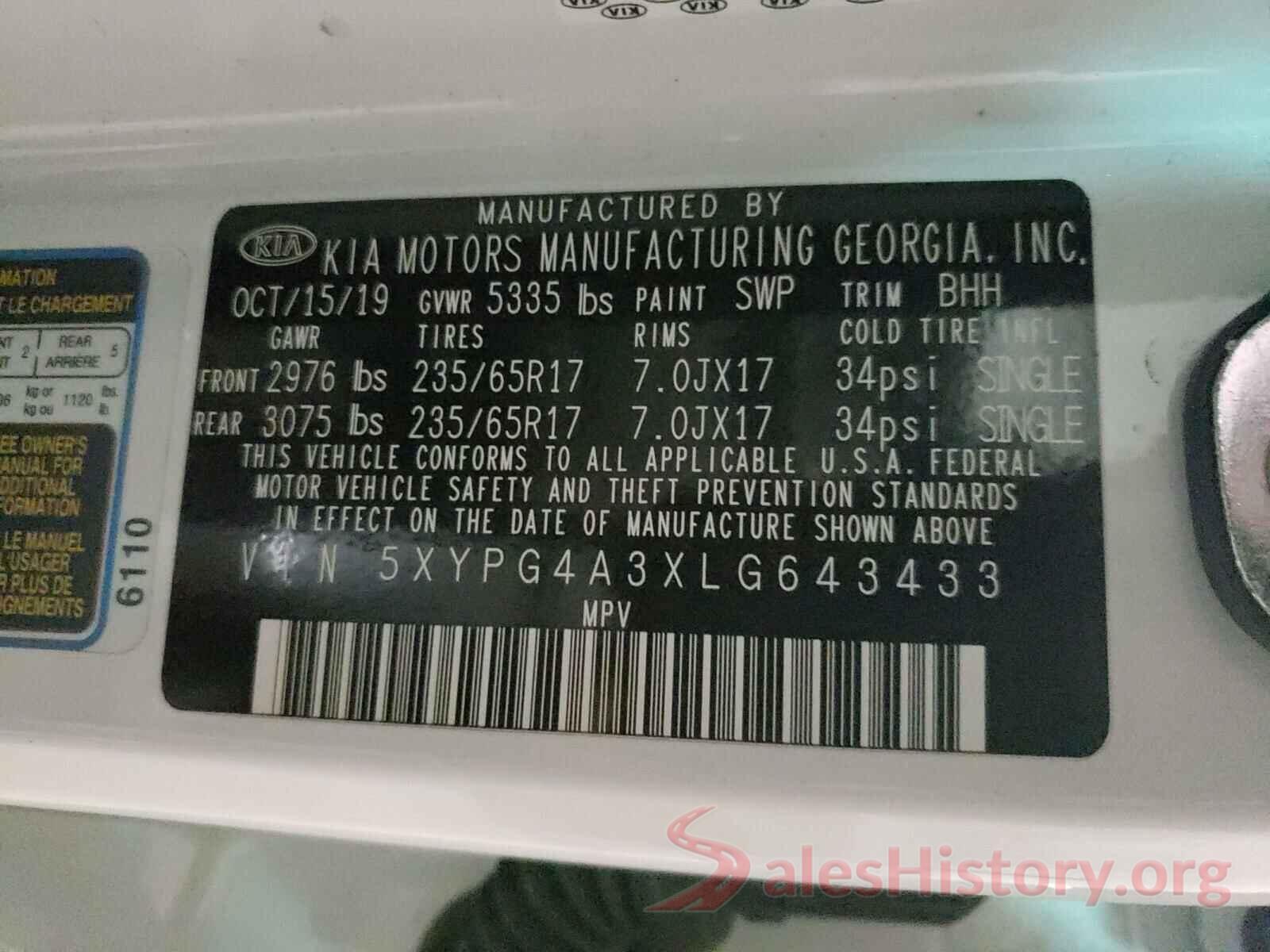 5XYPG4A3XLG643433 2020 KIA SORENTO