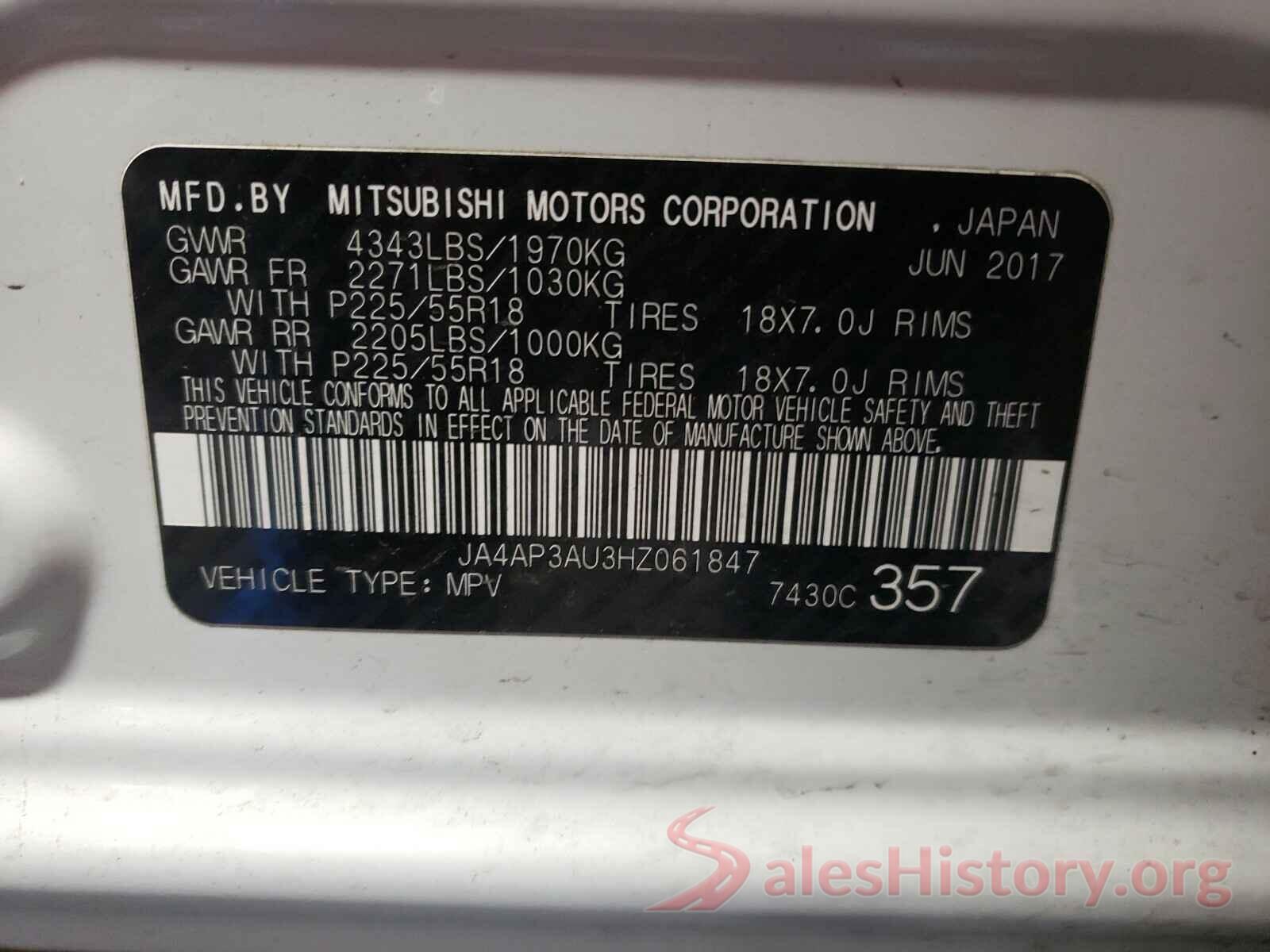 JA4AP3AU3HZ061847 2017 MITSUBISHI OUTLANDER