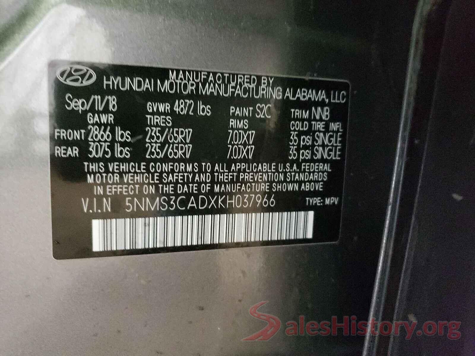 5NMS3CADXKH037966 2019 HYUNDAI SANTA FE