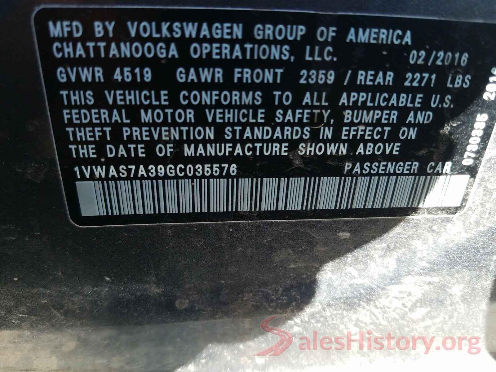 1VWAS7A39GC035576 2016 VOLKSWAGEN PASSAT