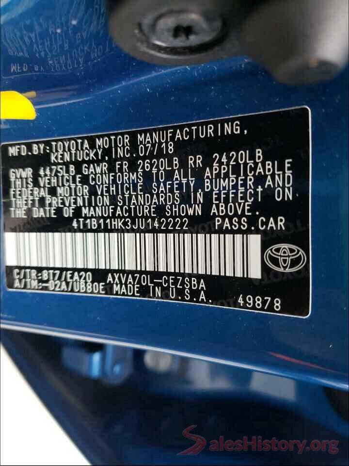 4T1B11HK3JU142222 2018 TOYOTA CAMRY