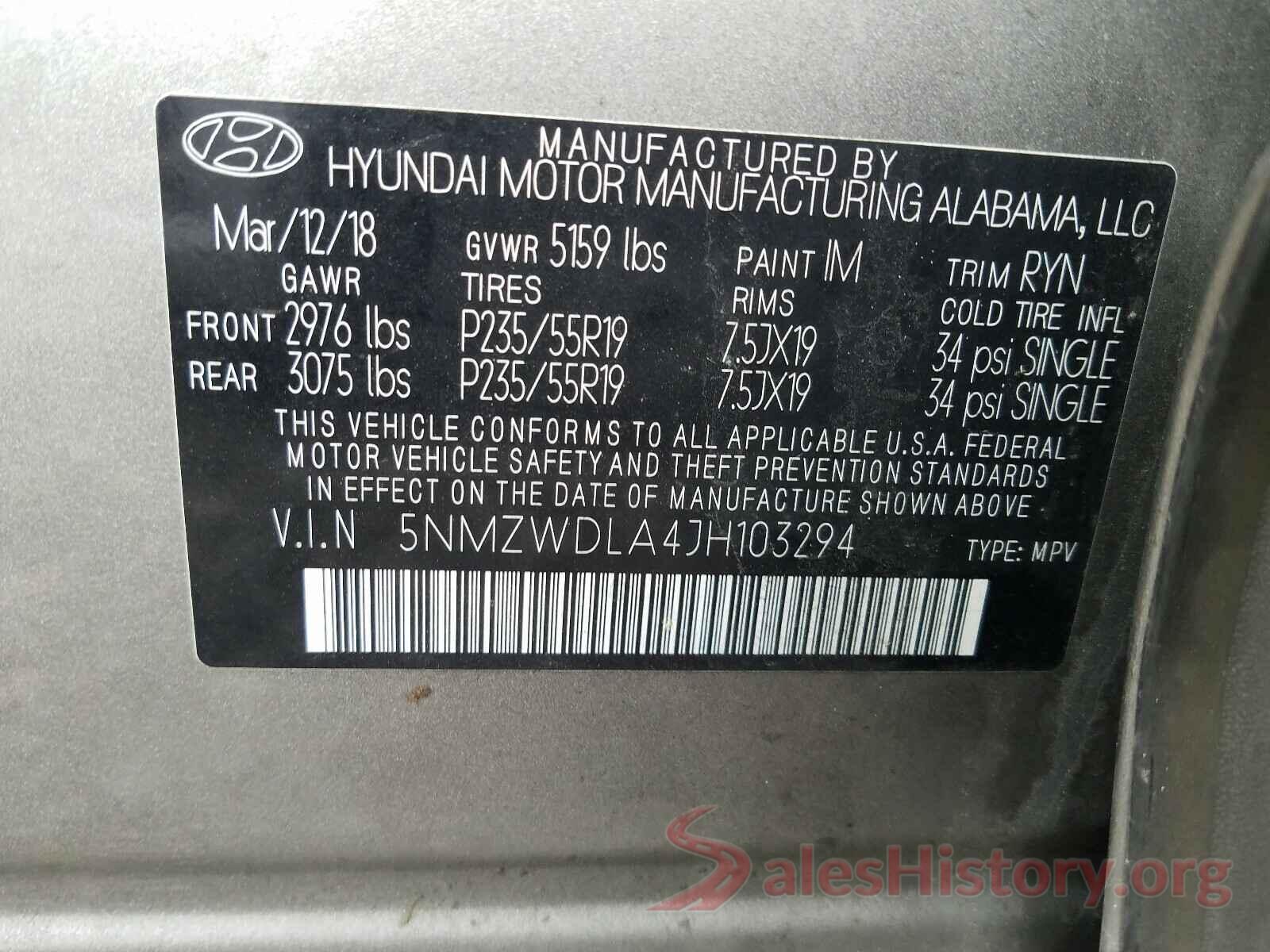 5NMZWDLA4JH103294 2018 HYUNDAI SANTA FE