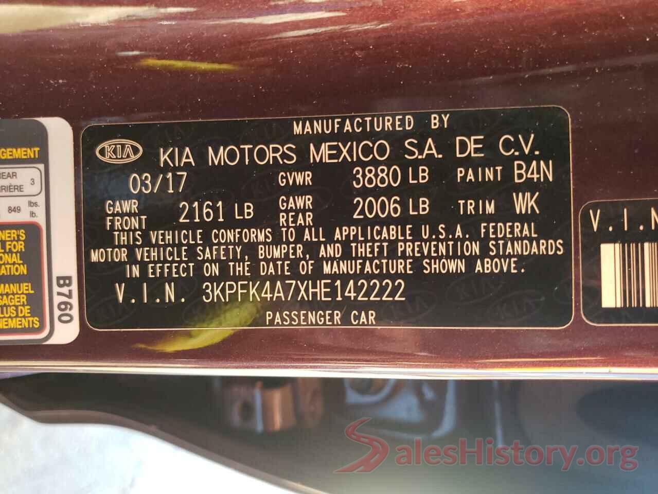 3KPFK4A7XHE142222 2017 KIA FORTE