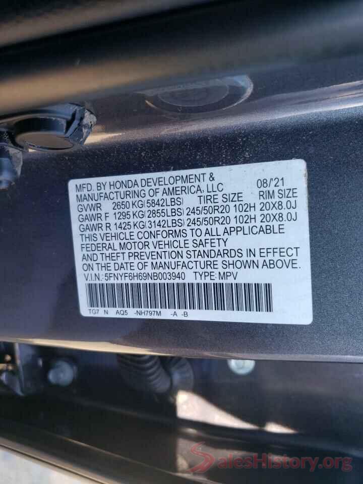 5FNYF6H69NB003940 2022 HONDA PILOT