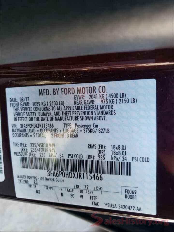 3FA6P0HDXJR115466 2018 FORD FUSION