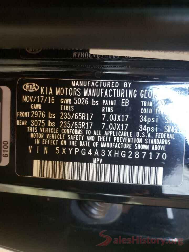 5XYPG4A3XHG287170 2017 KIA SORENTO