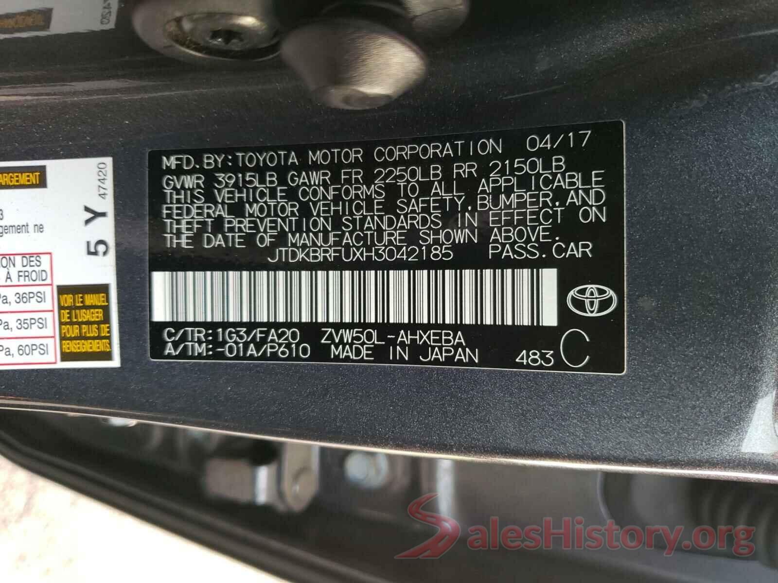 JTDKBRFUXH3042185 2017 TOYOTA PRIUS