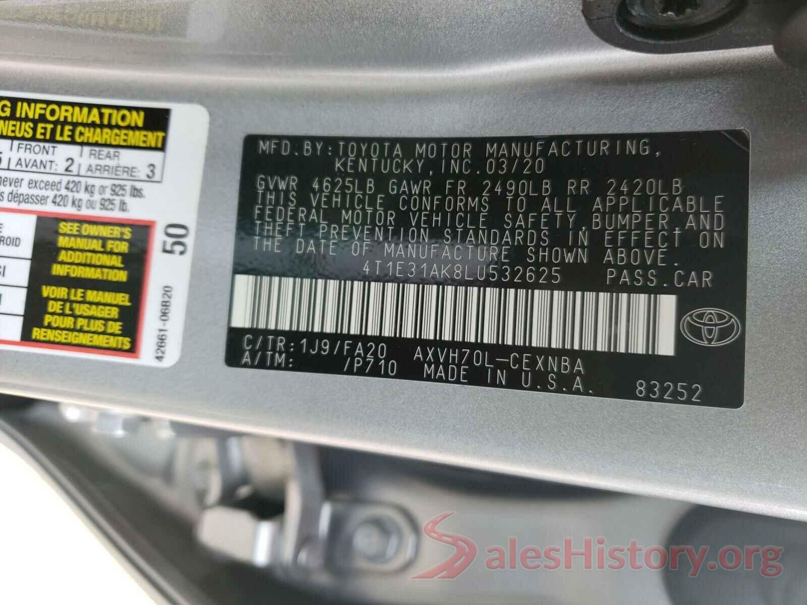 4T1E31AK8LU532625 2020 TOYOTA CAMRY