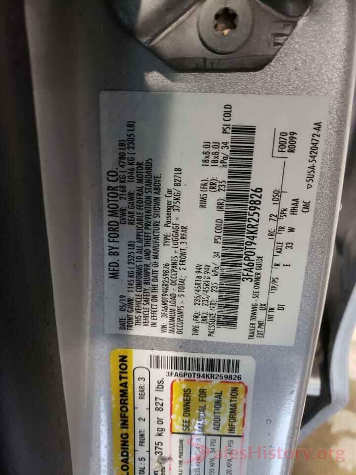 3FA6P0T94KR259826 2019 FORD FUSION