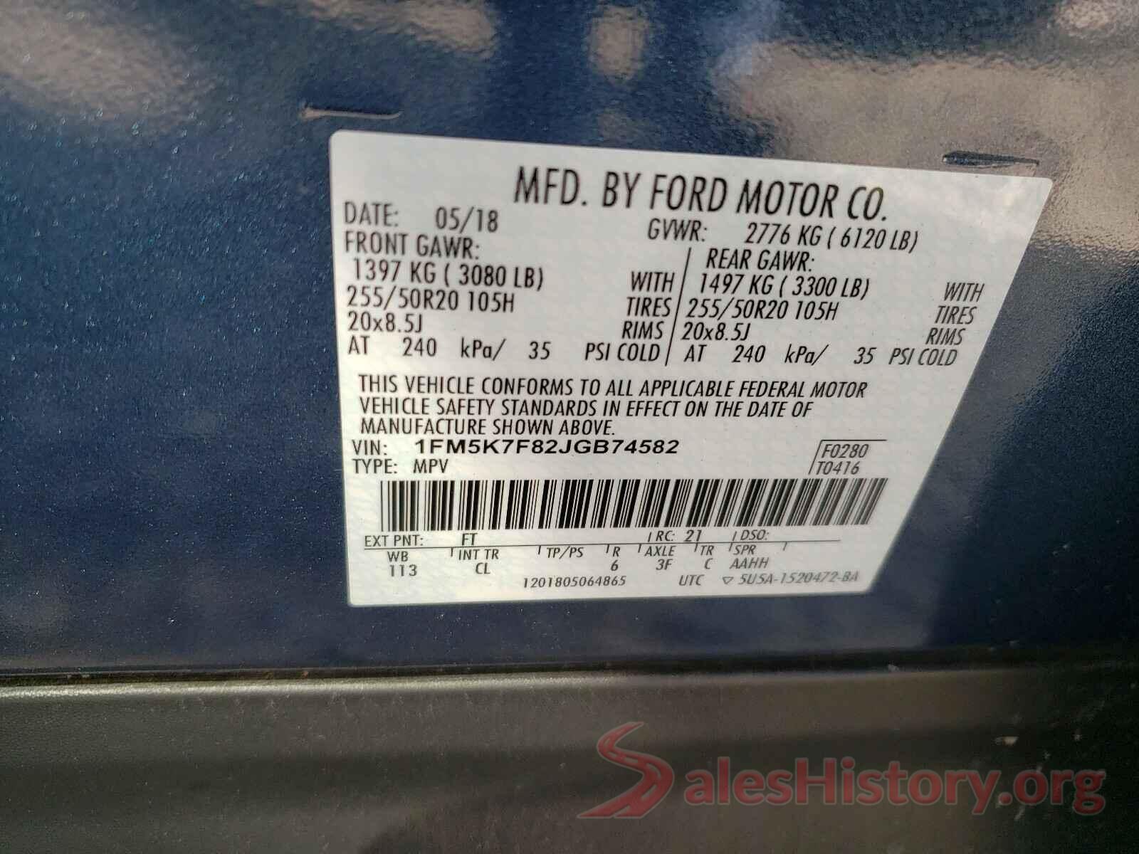 1FM5K7F82JGB74582 2018 FORD EXPLORER