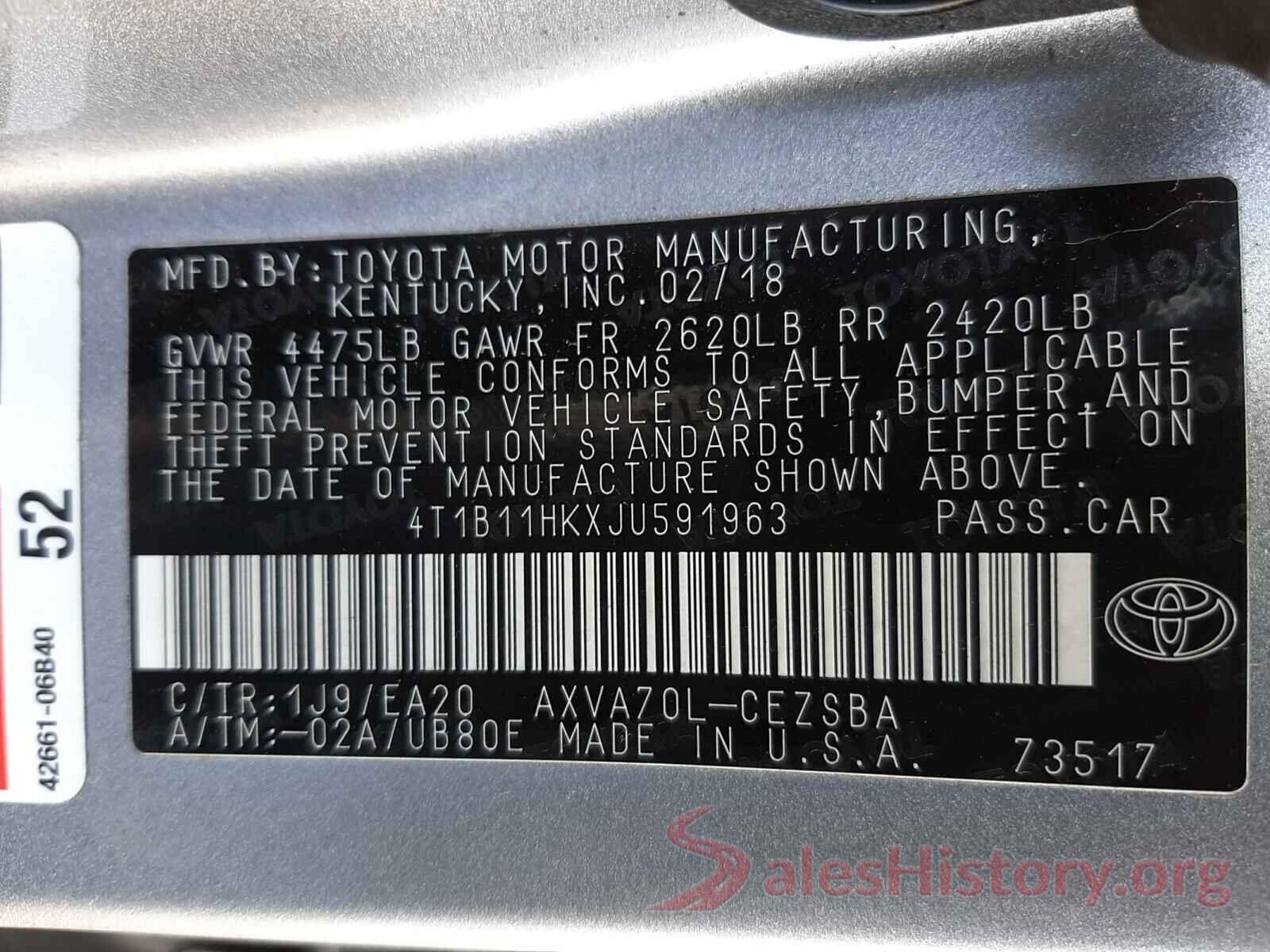 4T1B11HKXJU591963 2018 TOYOTA CAMRY