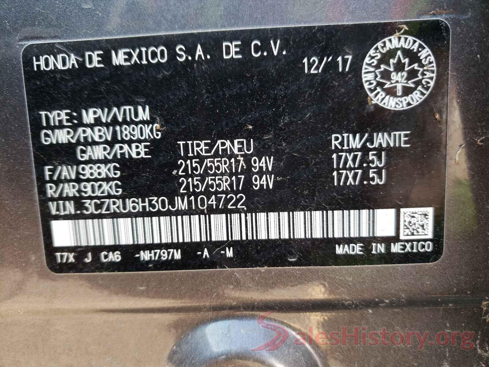 3CZRU6H30JM104722 2018 HONDA HR-V