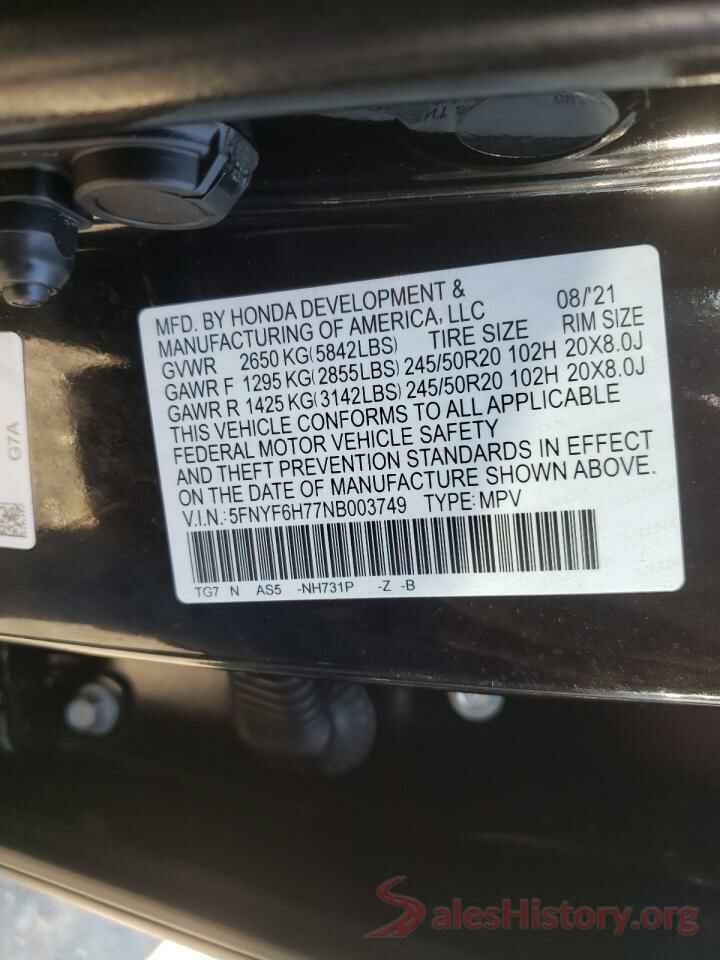 5FNYF6H77NB003749 2022 HONDA PILOT