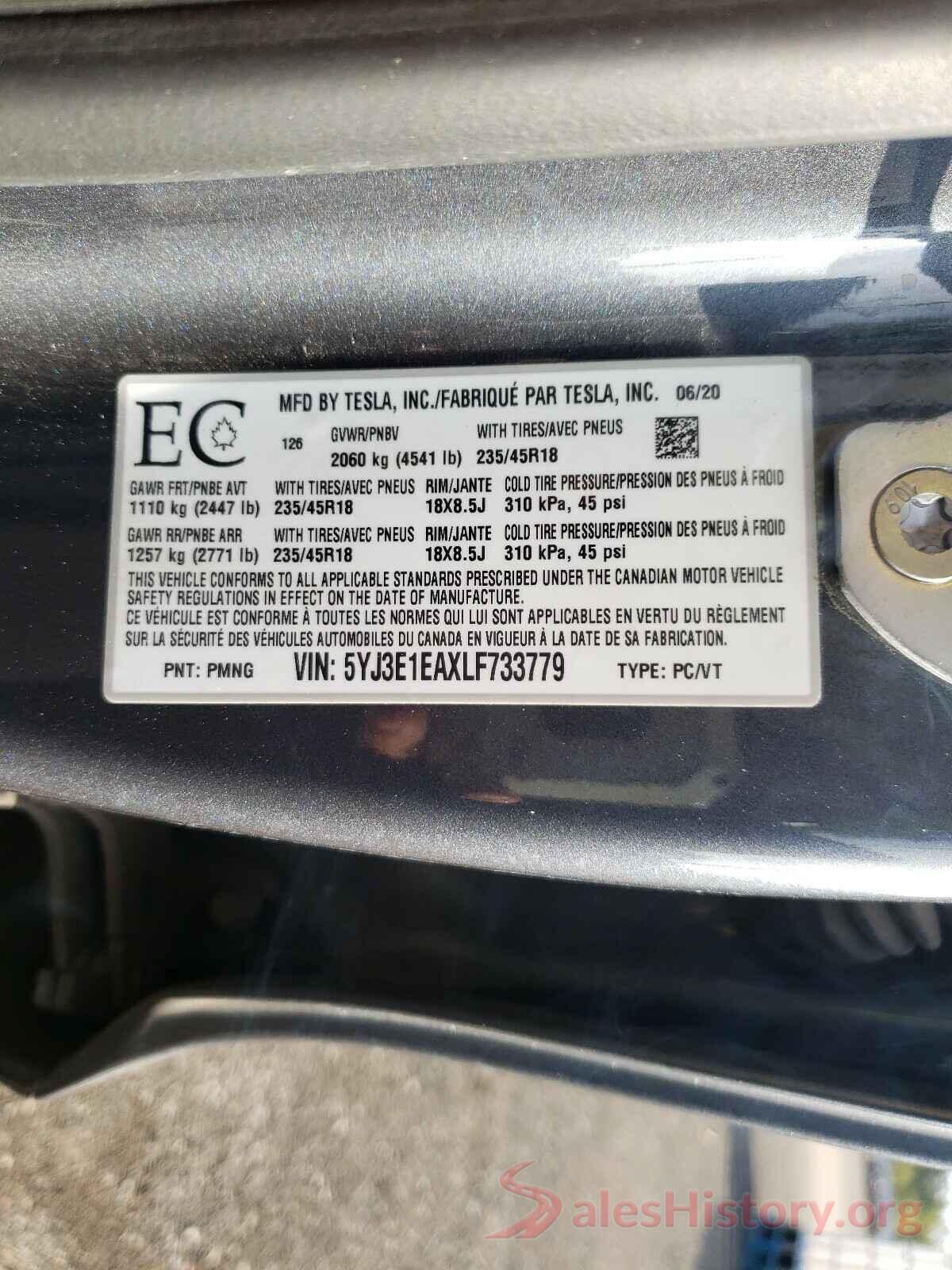 5YJ3E1EAXLF733779 2020 TESLA MODEL 3