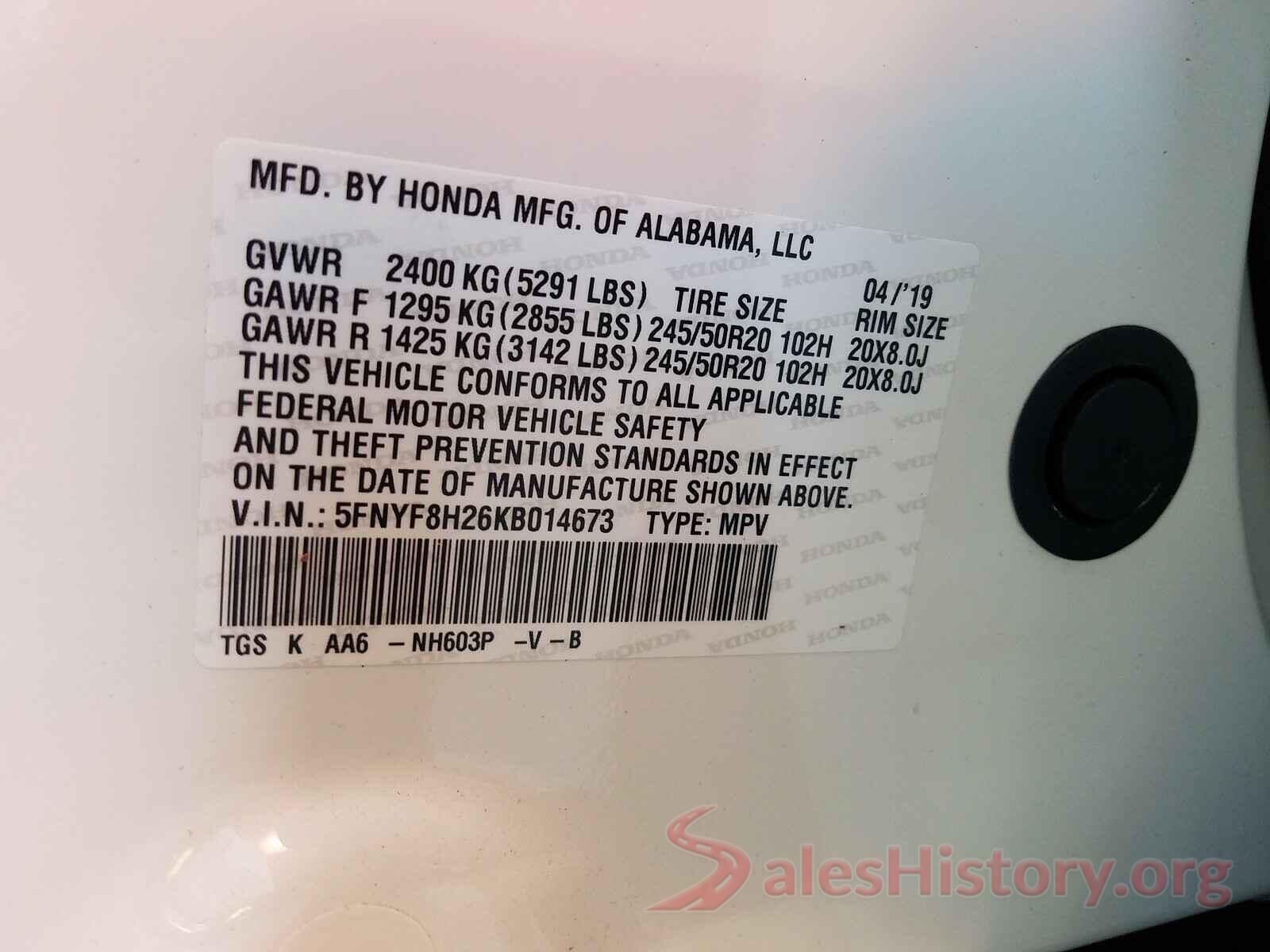 5FNYF8H26KB014673 2019 HONDA PASSPORT