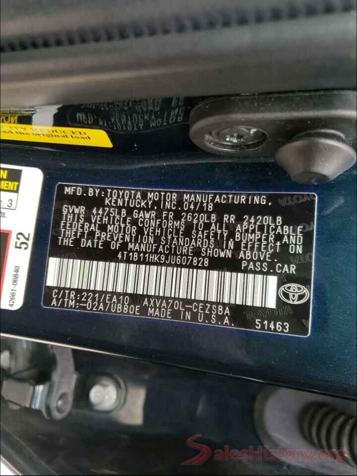 4T1B11HK9JU607828 2018 TOYOTA CAMRY