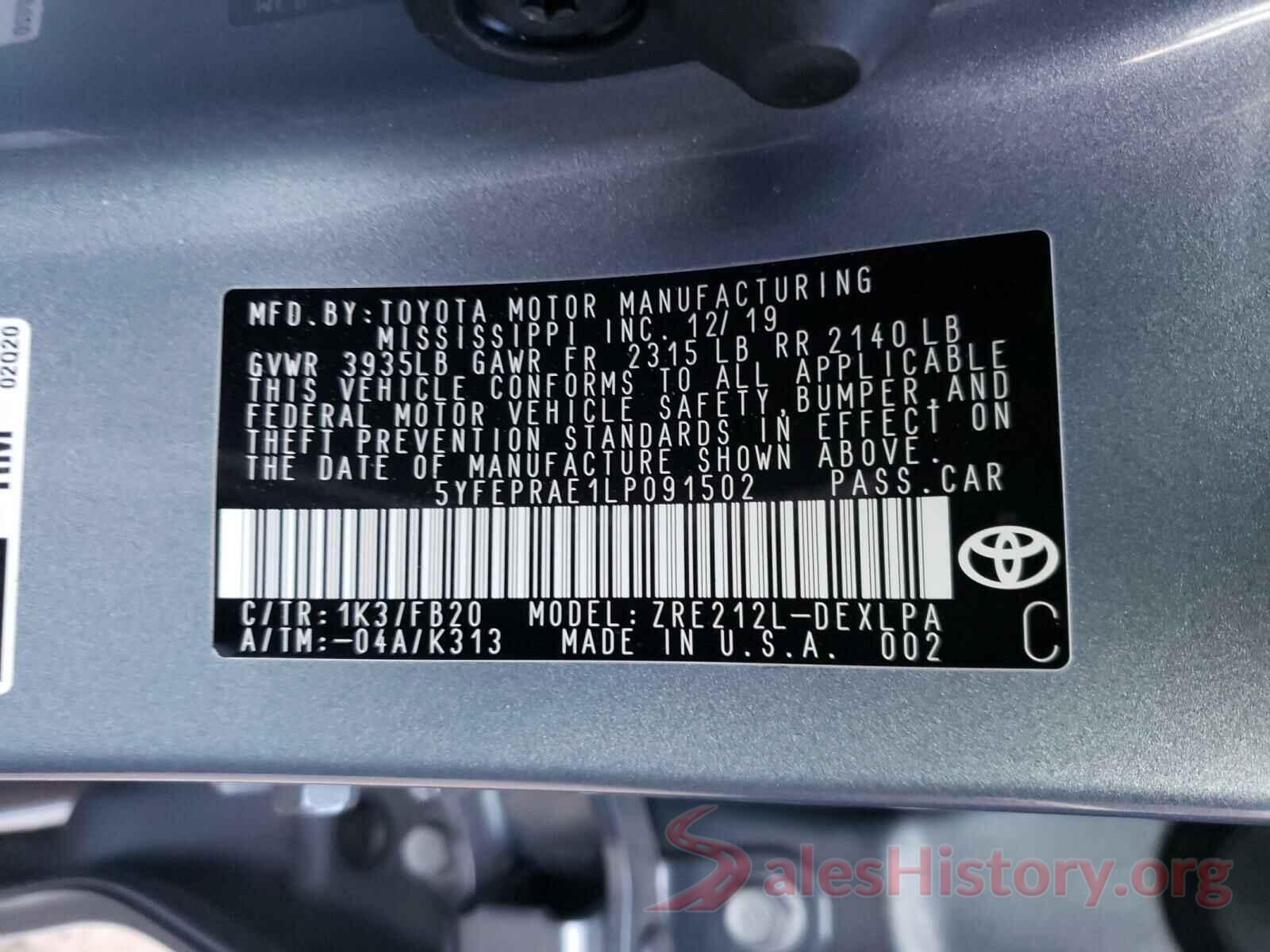 5YFEPRAE1LP091502 2020 TOYOTA COROLLA