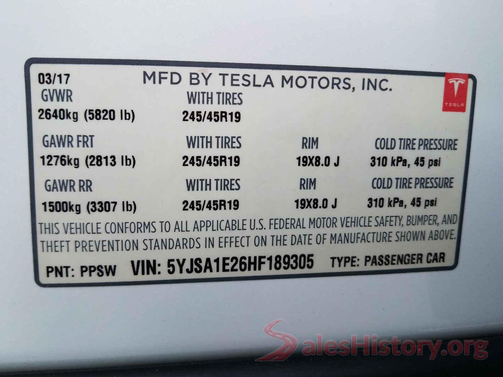 5YJSA1E26HF189305 2017 TESLA MODEL S