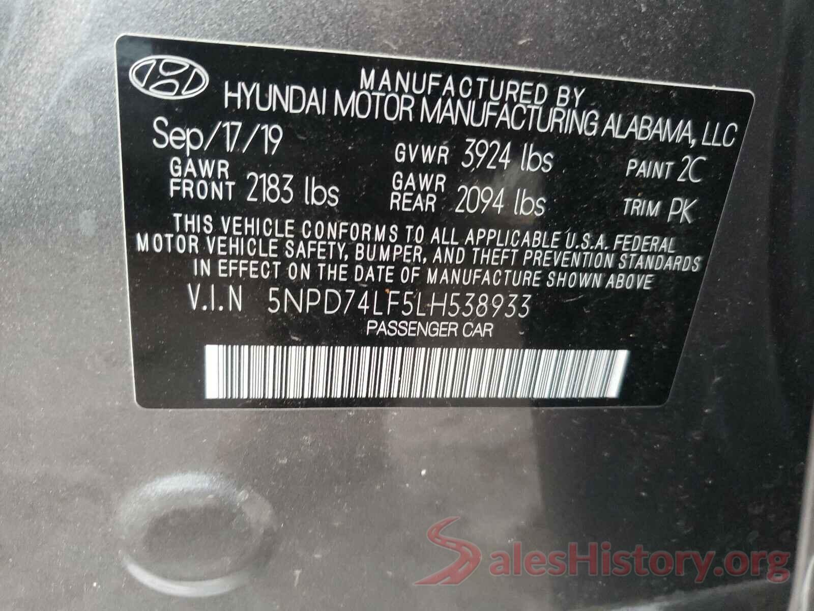 5NPD74LF5LH538933 2020 HYUNDAI ELANTRA