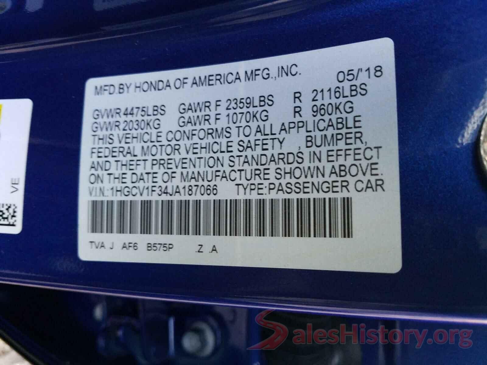 1HGCV1F34JA187066 2018 HONDA ACCORD