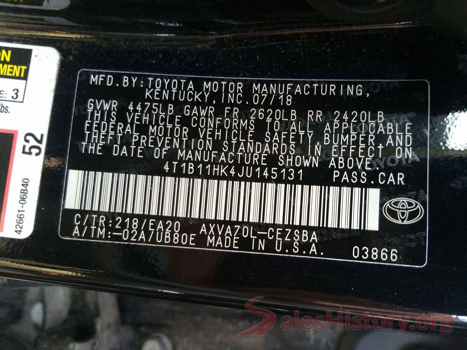 4T1B11HK4JU145131 2018 TOYOTA CAMRY