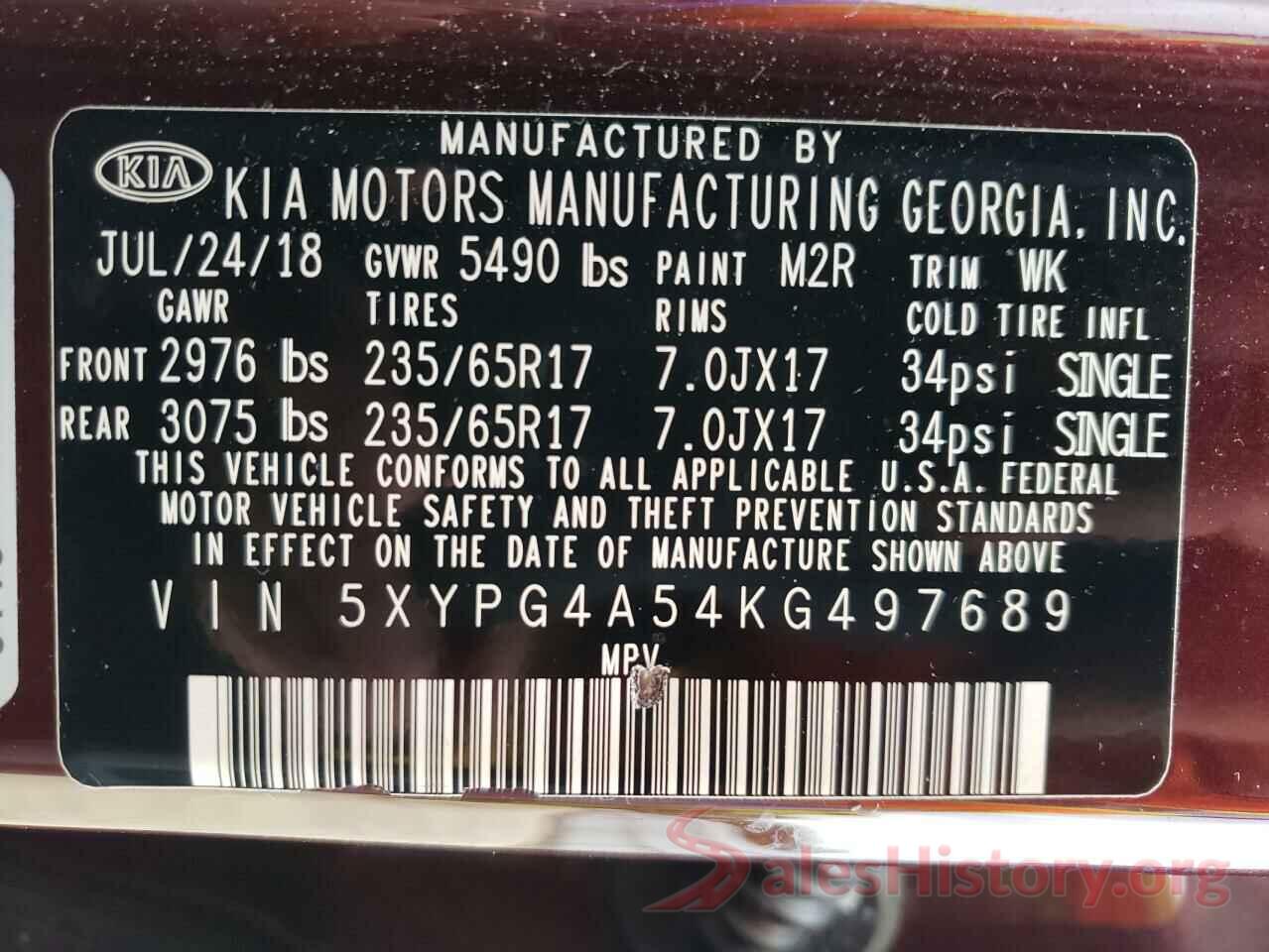 5XYPG4A54KG497689 2019 KIA SORENTO