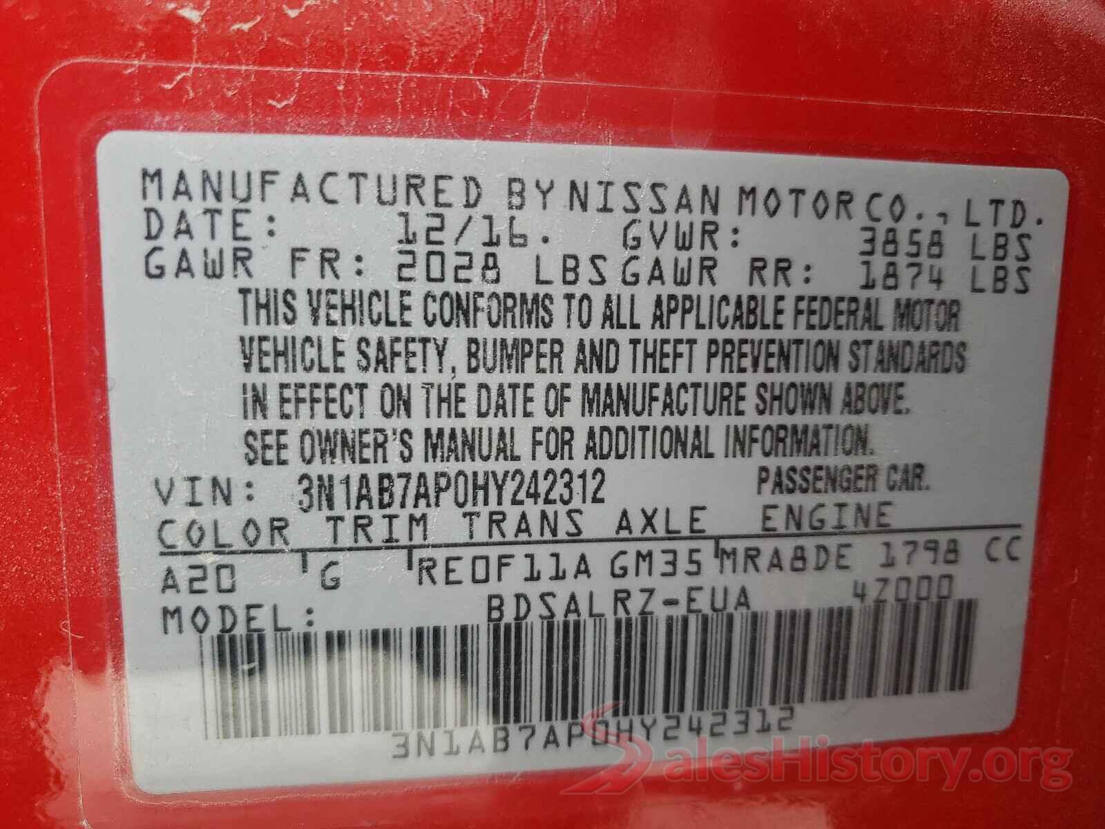 3N1AB7AP0HY242312 2017 NISSAN SENTRA