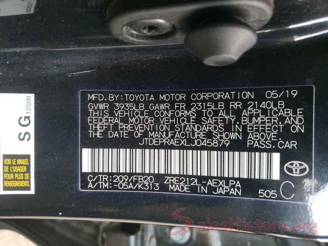 JTDEPRAEXLJ045879 2020 TOYOTA COROLLA