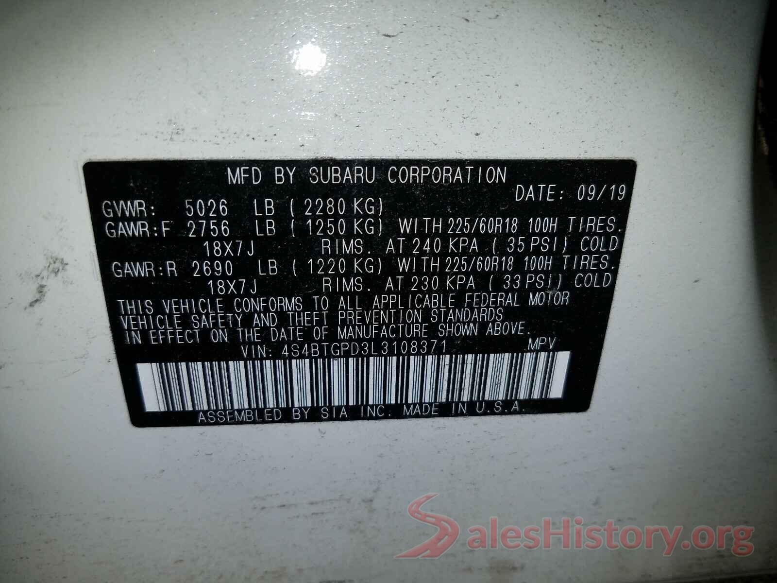 4S4BTGPD3L3108371 2020 SUBARU OUTBACK