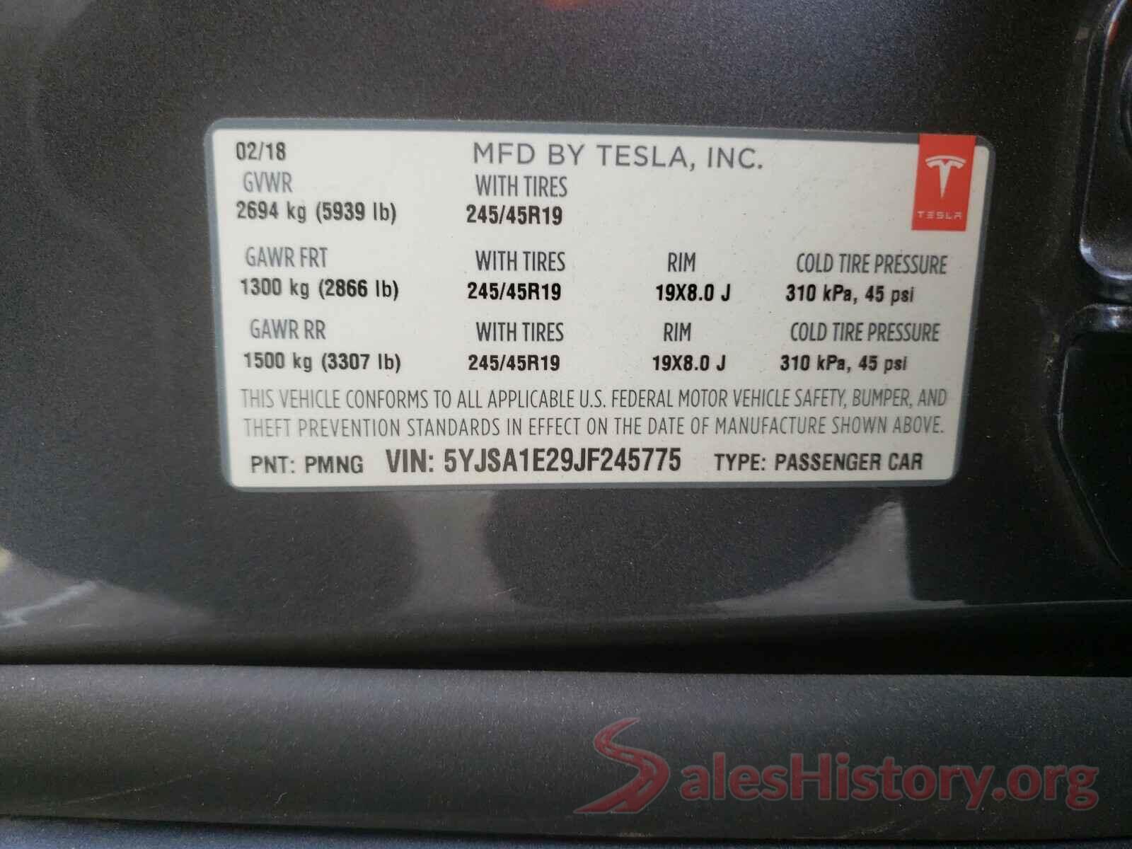 5YJSA1E29JF245775 2018 TESLA MODEL S