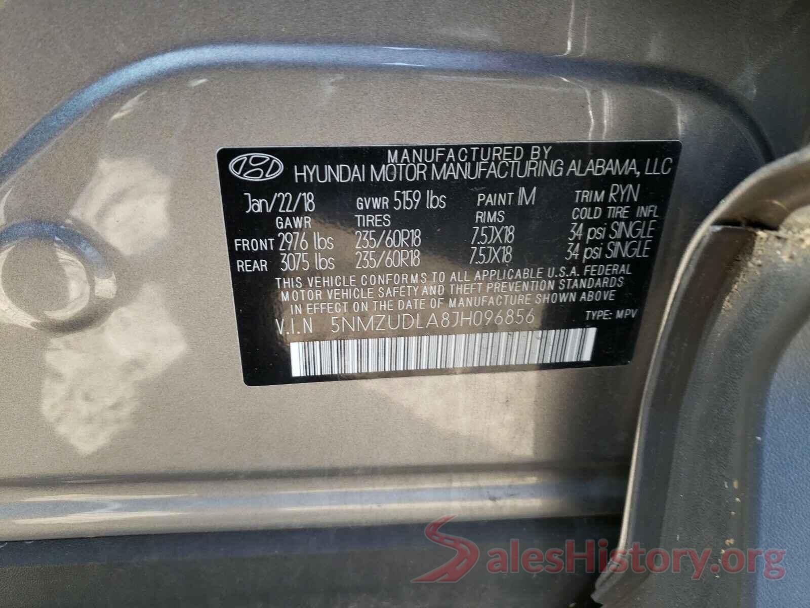 5NMZUDLA8JH096856 2018 HYUNDAI SANTA FE