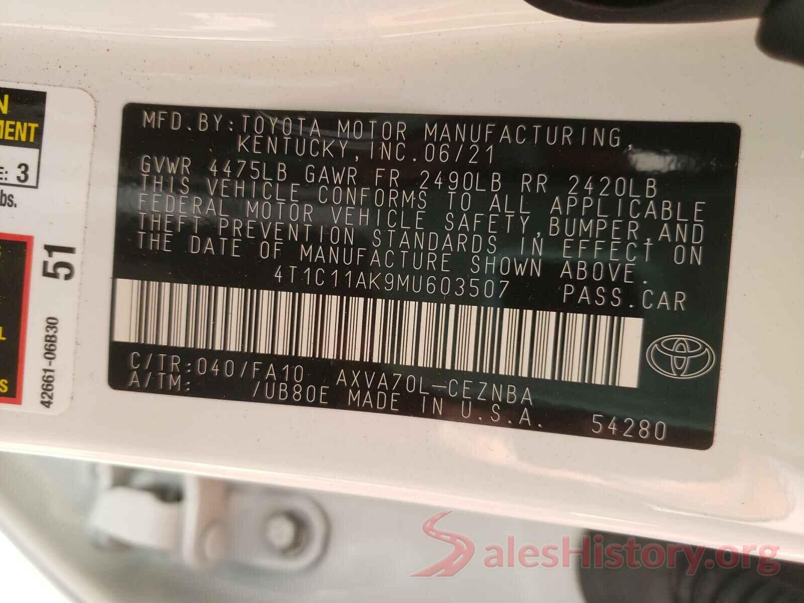 4T1C11AK9MU603507 2021 TOYOTA CAMRY