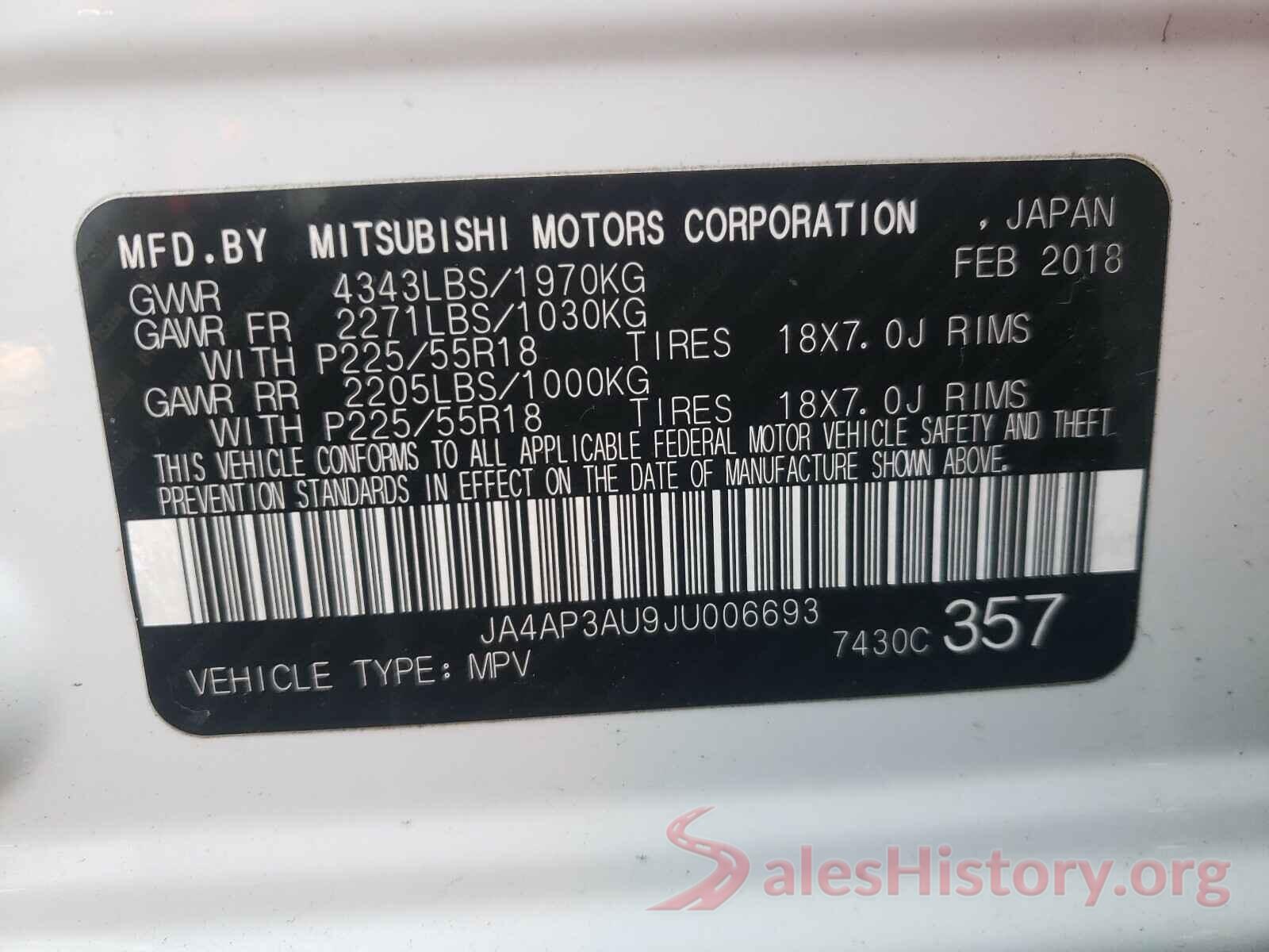 JA4AP3AU9JU006693 2018 MITSUBISHI OUTLANDER