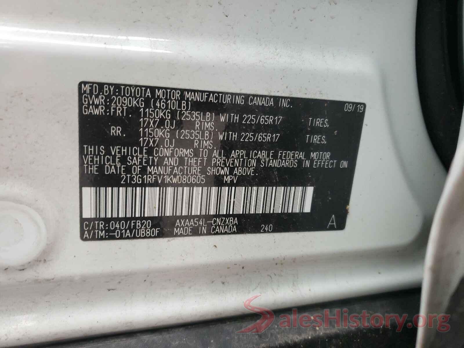 2T3G1RFV1KW080605 2019 TOYOTA RAV4