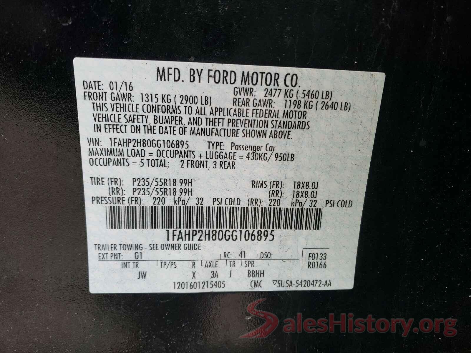 1FAHP2H80GG106895 2016 FORD TAURUS