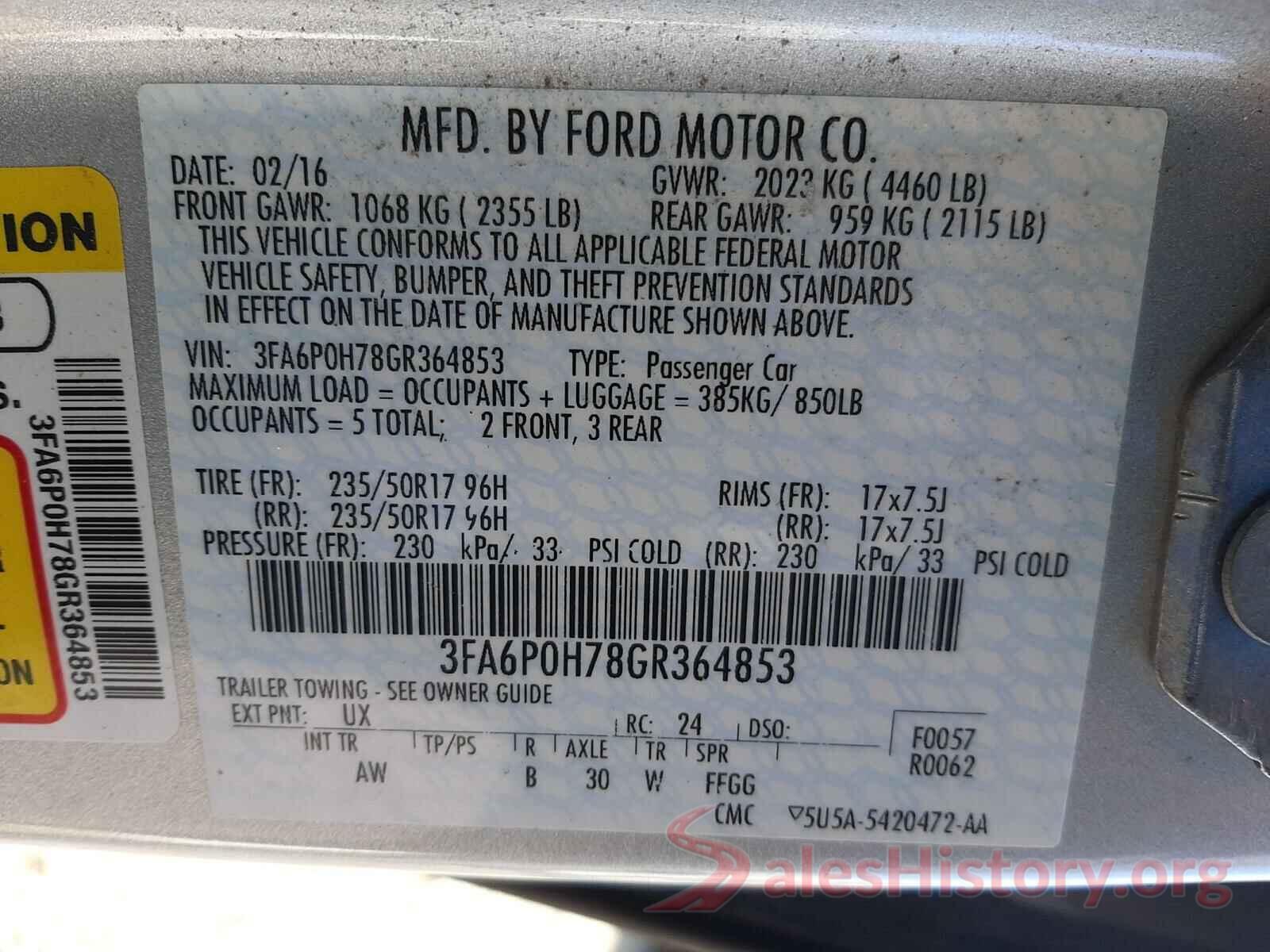 3FA6P0H78GR364853 2016 FORD FUSION