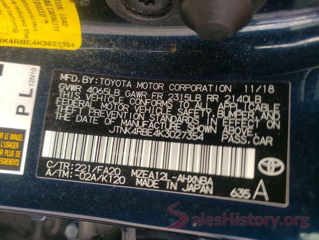 JTNK4RBE4K3027354 2019 TOYOTA COROLLA