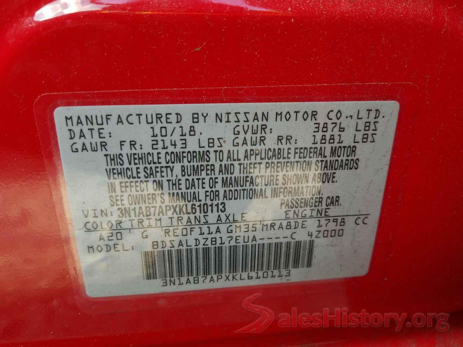 3N1AB7APXKL610113 2019 NISSAN SENTRA