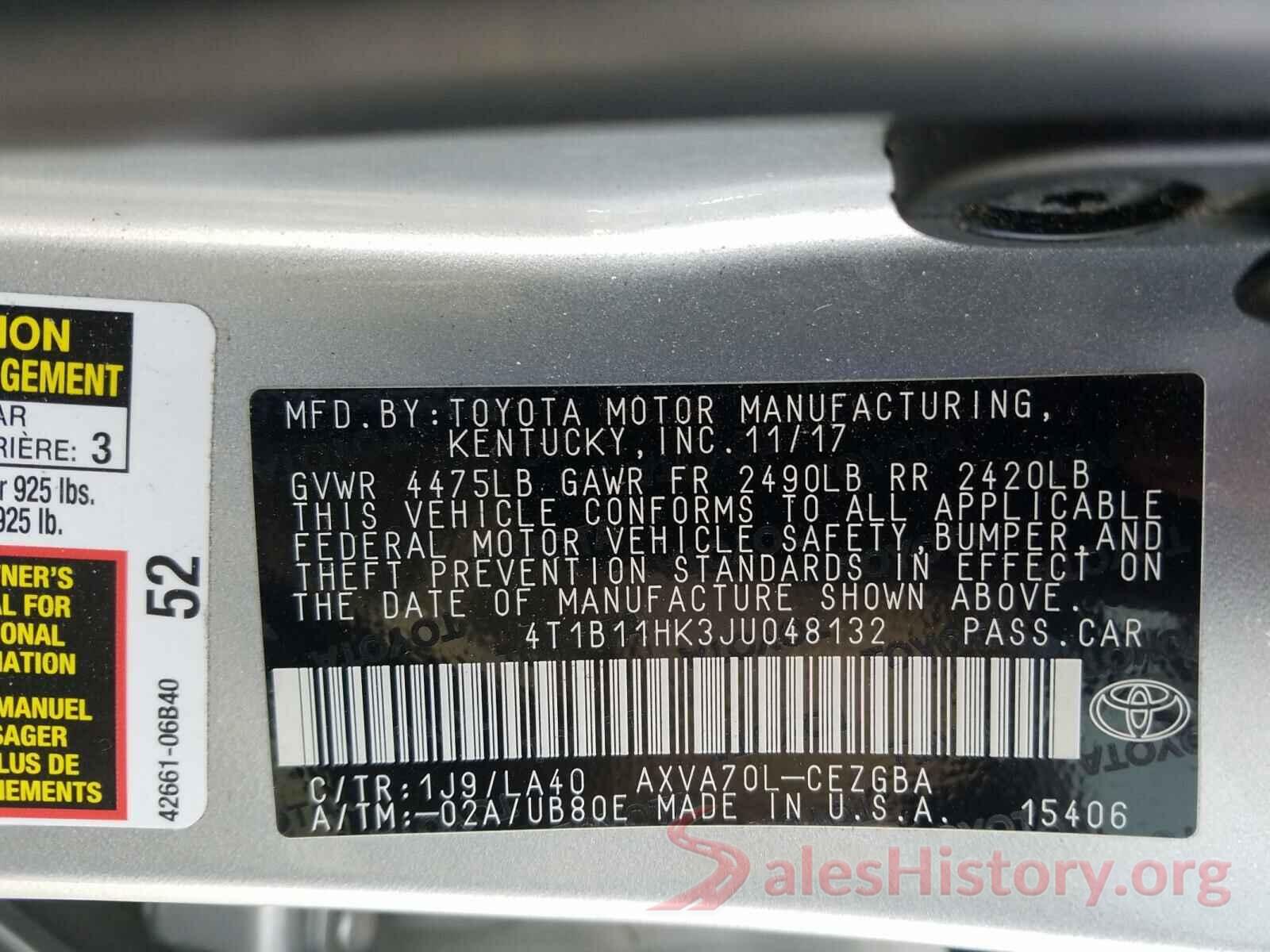 4T1B11HK3JU048132 2018 TOYOTA CAMRY