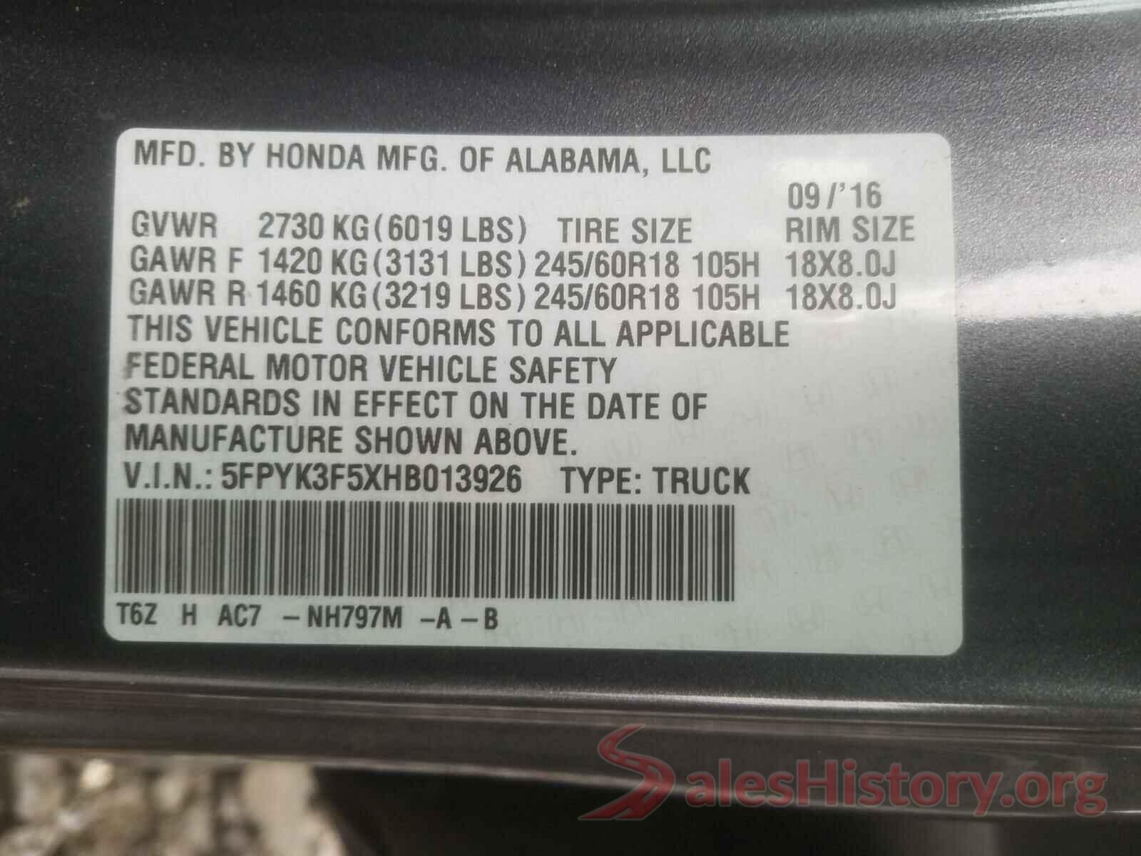 5FPYK3F5XHB013926 2017 HONDA RIDGELINE