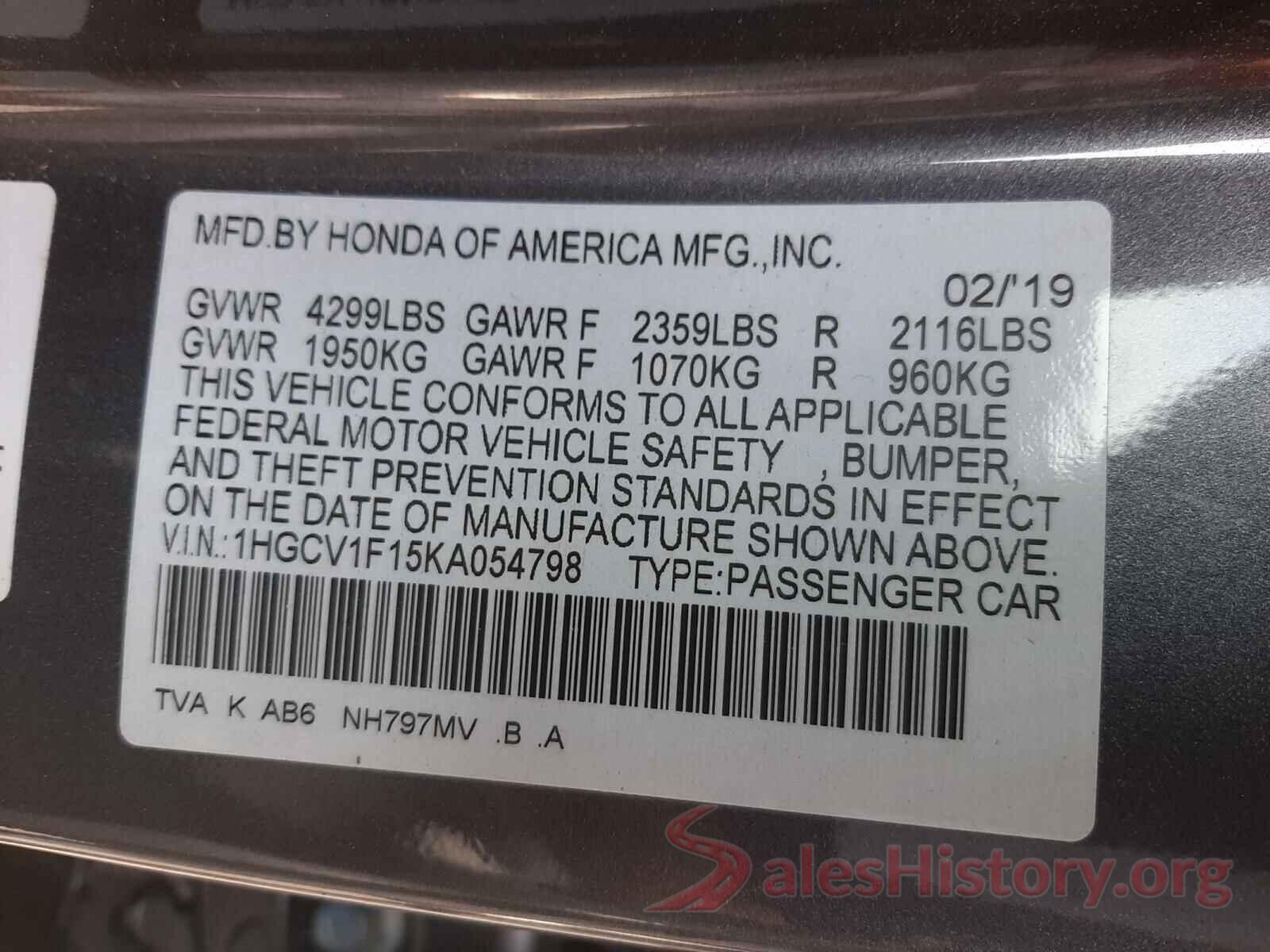 1HGCV1F15KA054798 2019 HONDA ACCORD