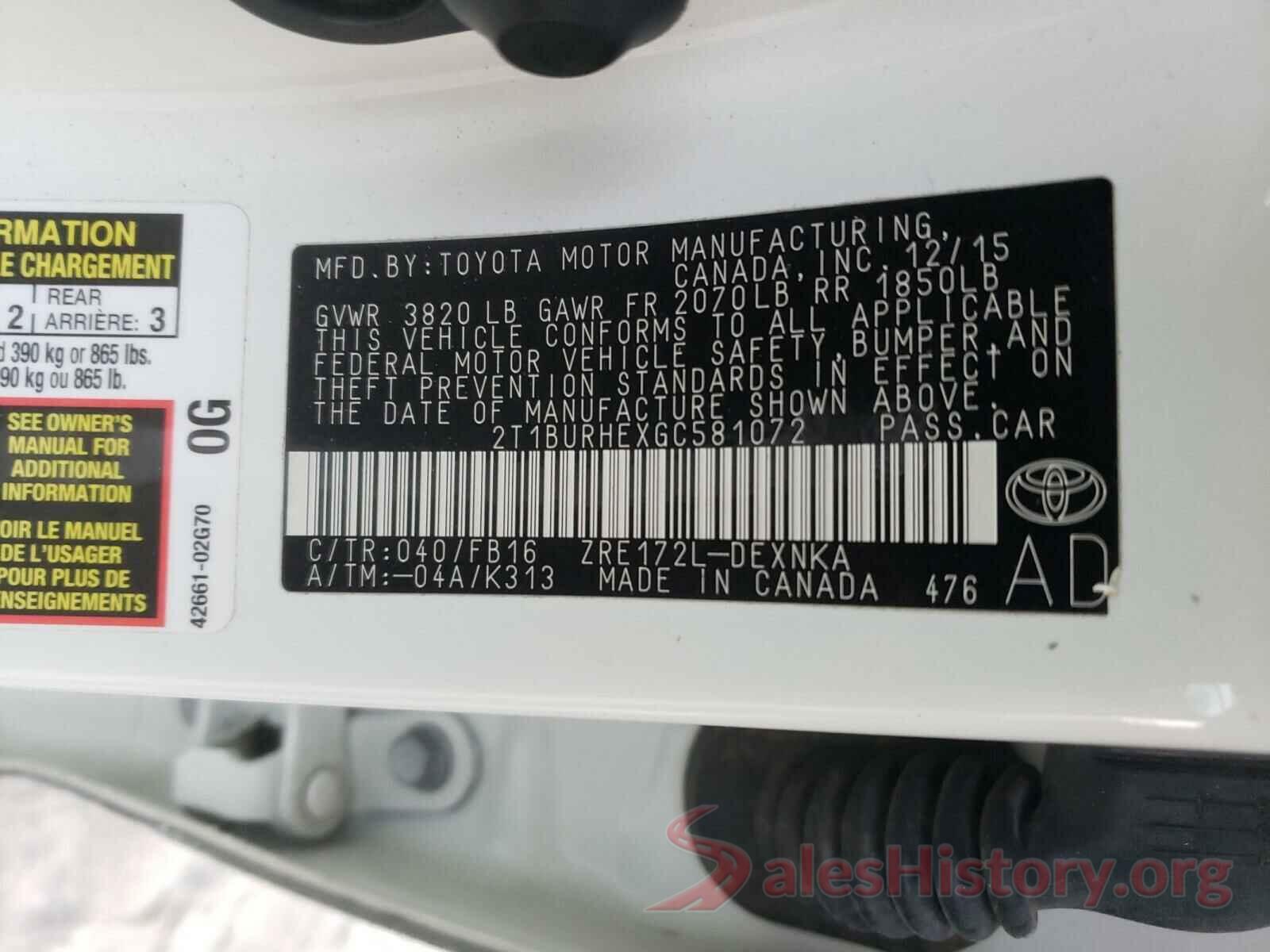 2T1BURHEXGC581072 2016 TOYOTA COROLLA