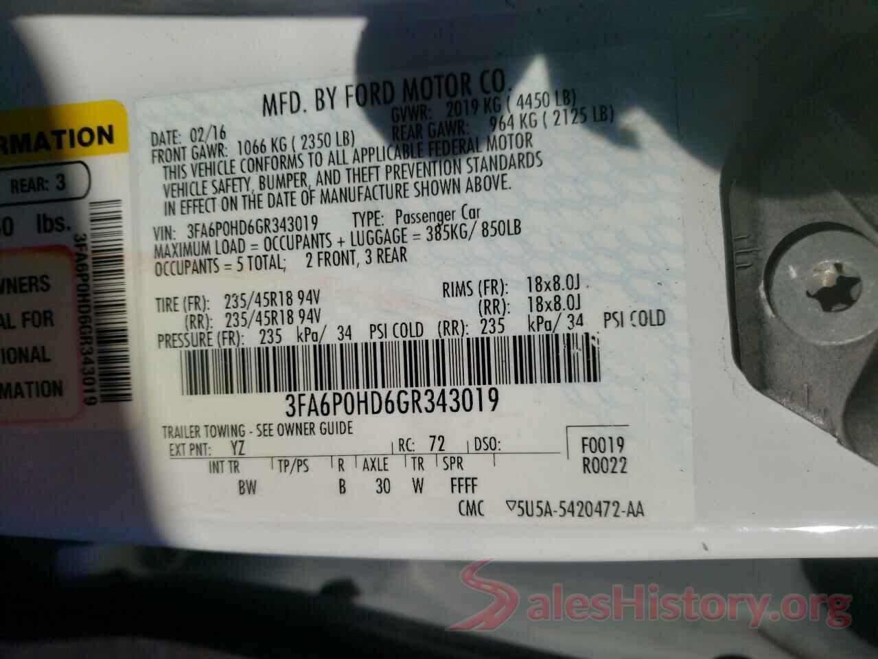 3FA6P0HD6GR343019 2016 FORD FUSION