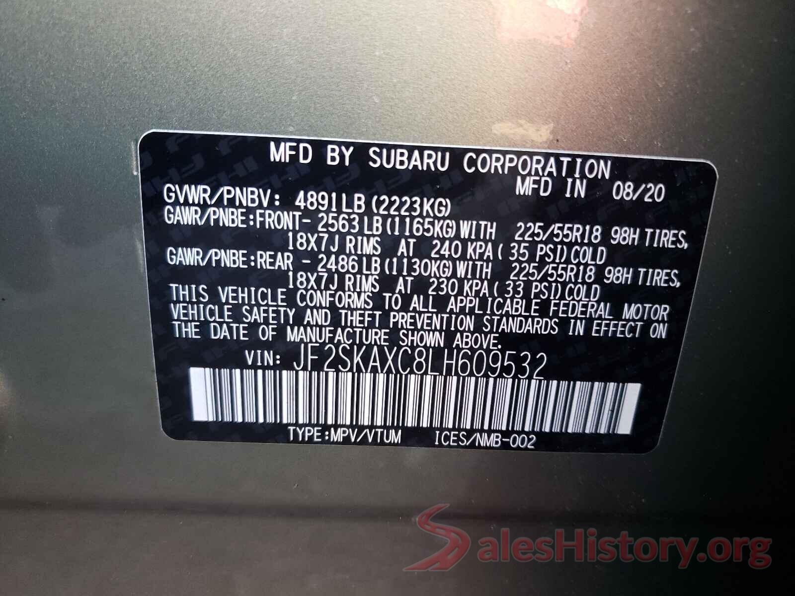 JF2SKAXC8LH609532 2020 SUBARU FORESTER