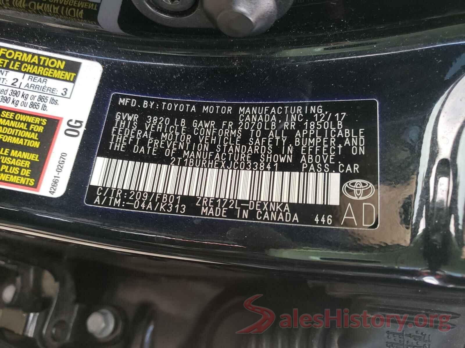 2T1BURHEXJC033841 2018 TOYOTA COROLLA