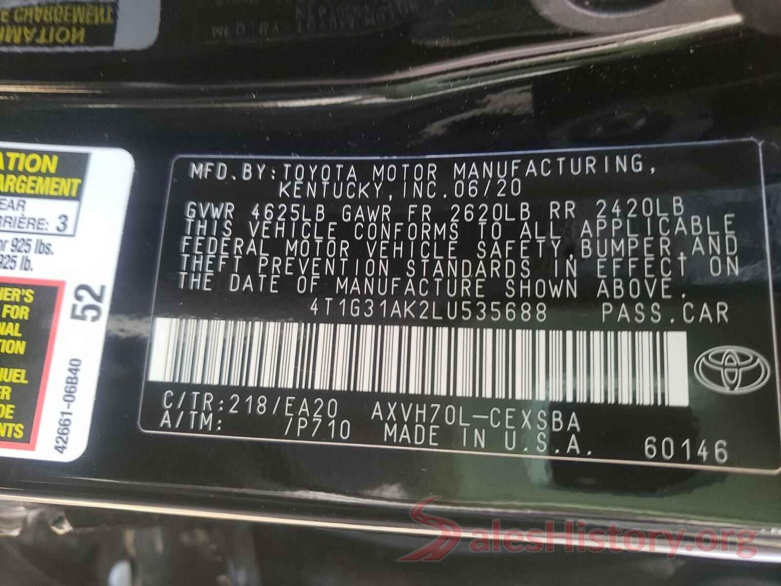 4T1G31AK2LU535688 2020 TOYOTA CAMRY